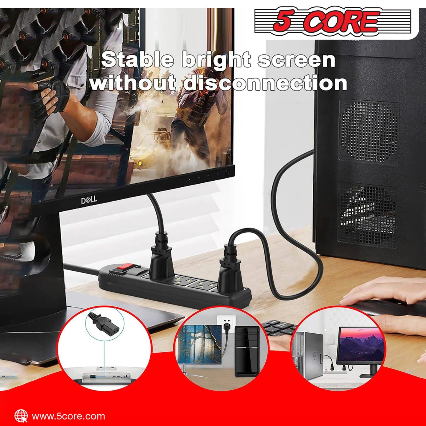 5Core AC Power Cord 6Ft 2 Prong US Male to Female Extension Adapter 18AWG 10A 7A 125V-1