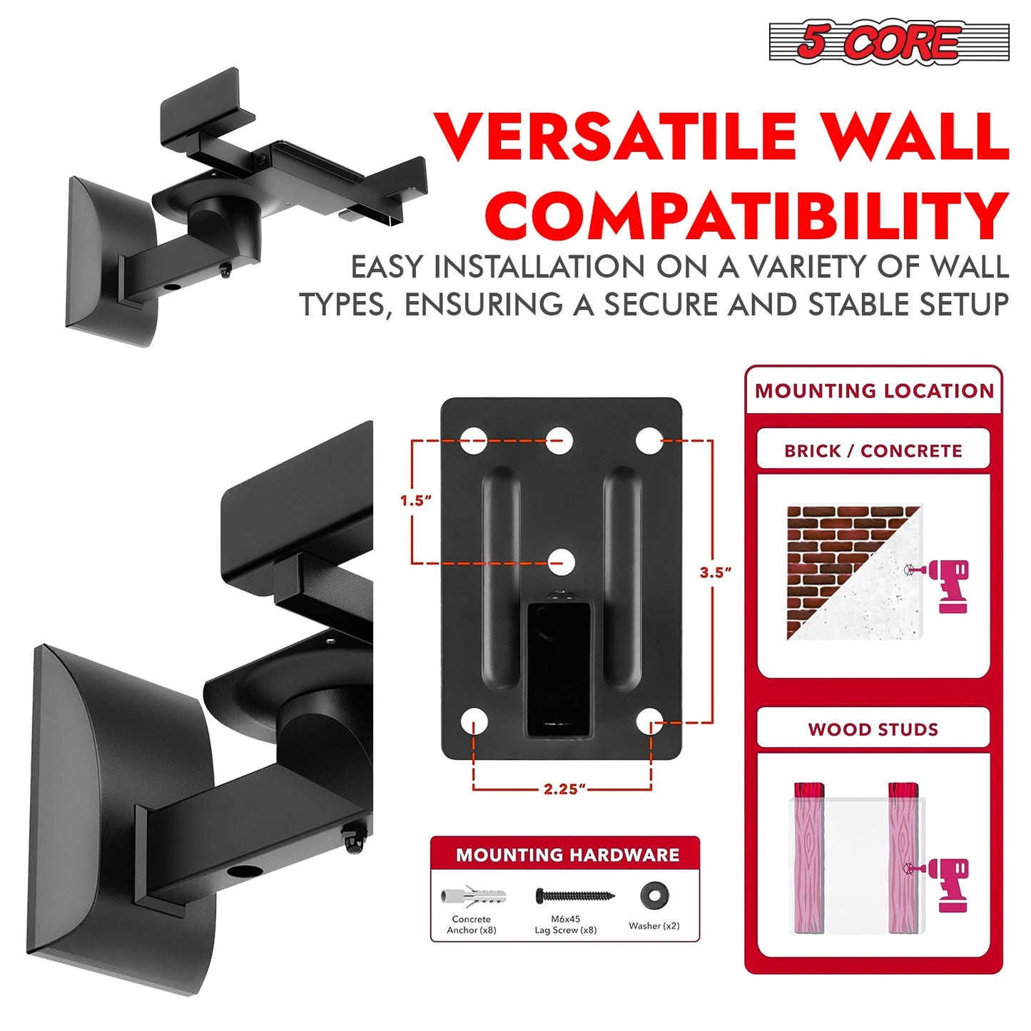 5Core Speaker Wall Mount Adjustable Swivel 11 Inch Space Bookshelf Brackets Pair-1