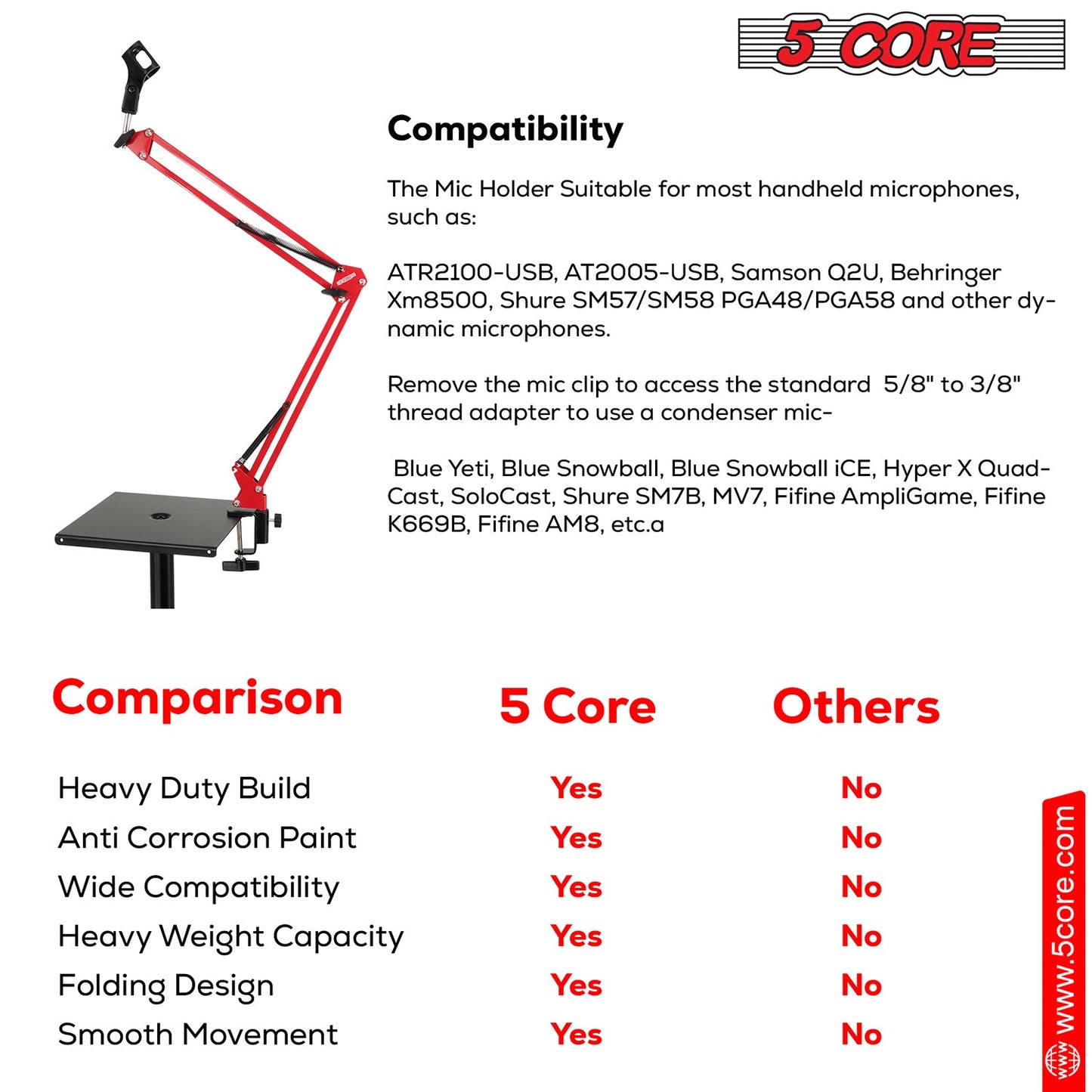 5Core Microphone Boom Arm Desk Mic Stand Adjustable Clamp Suspension Boom Stands RED-1
