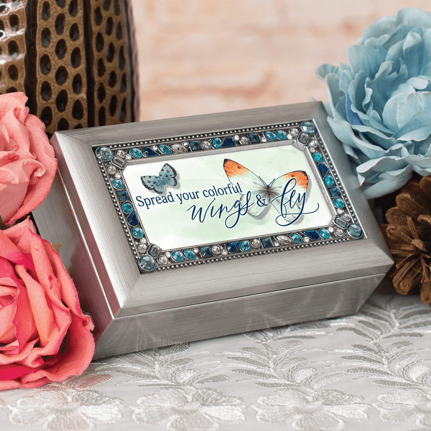 Petite Silver Tone Jeweled Musical Keepsake Box With Photo Frame Lid-2