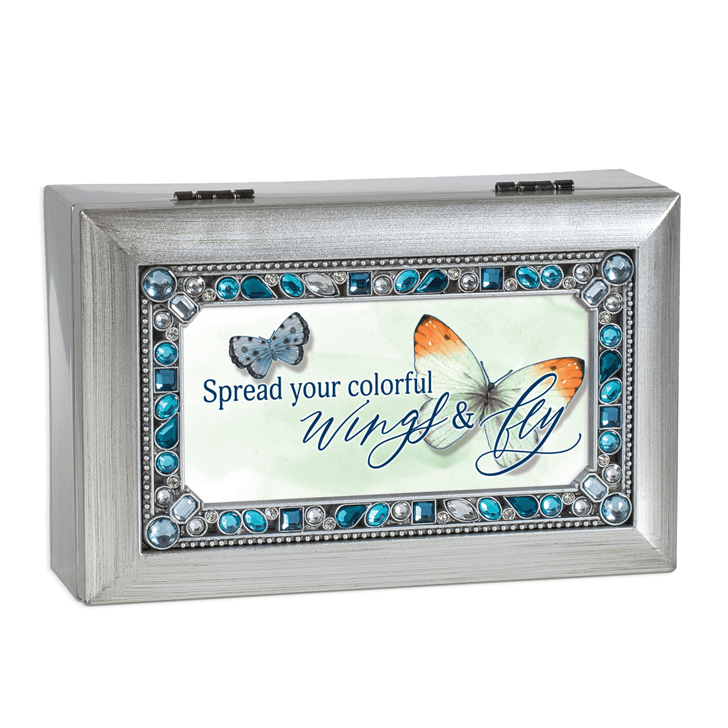 Petite Silver Tone Jeweled Musical Keepsake Box With Photo Frame Lid-4