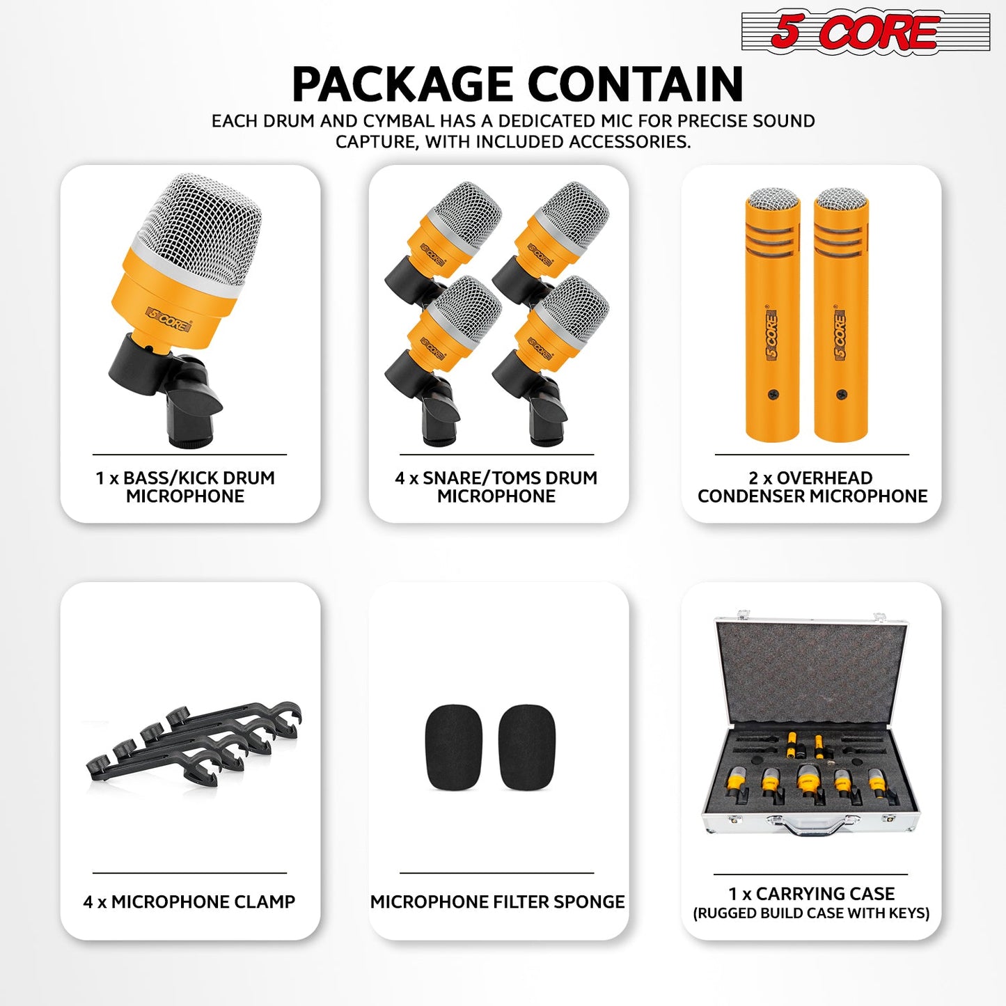 5Core Drum Mic Kit 7 Pcs Kick BassTom Snare Dynamic Microphone Instrument Mics Set Yellow-3