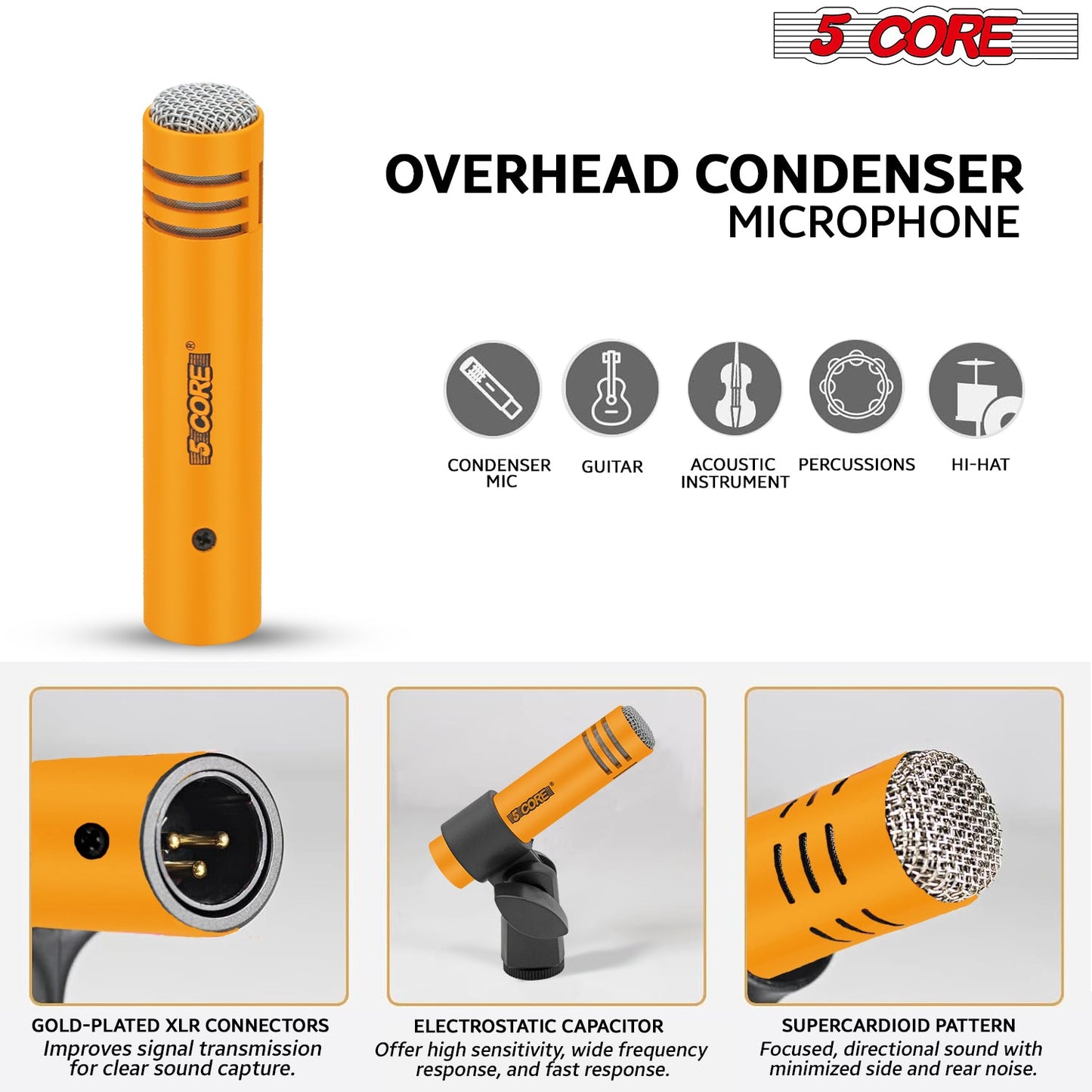 5Core Drum Mic Kit 7 Pcs Kick BassTom Snare Dynamic Microphone Instrument Mics Set Yellow-4