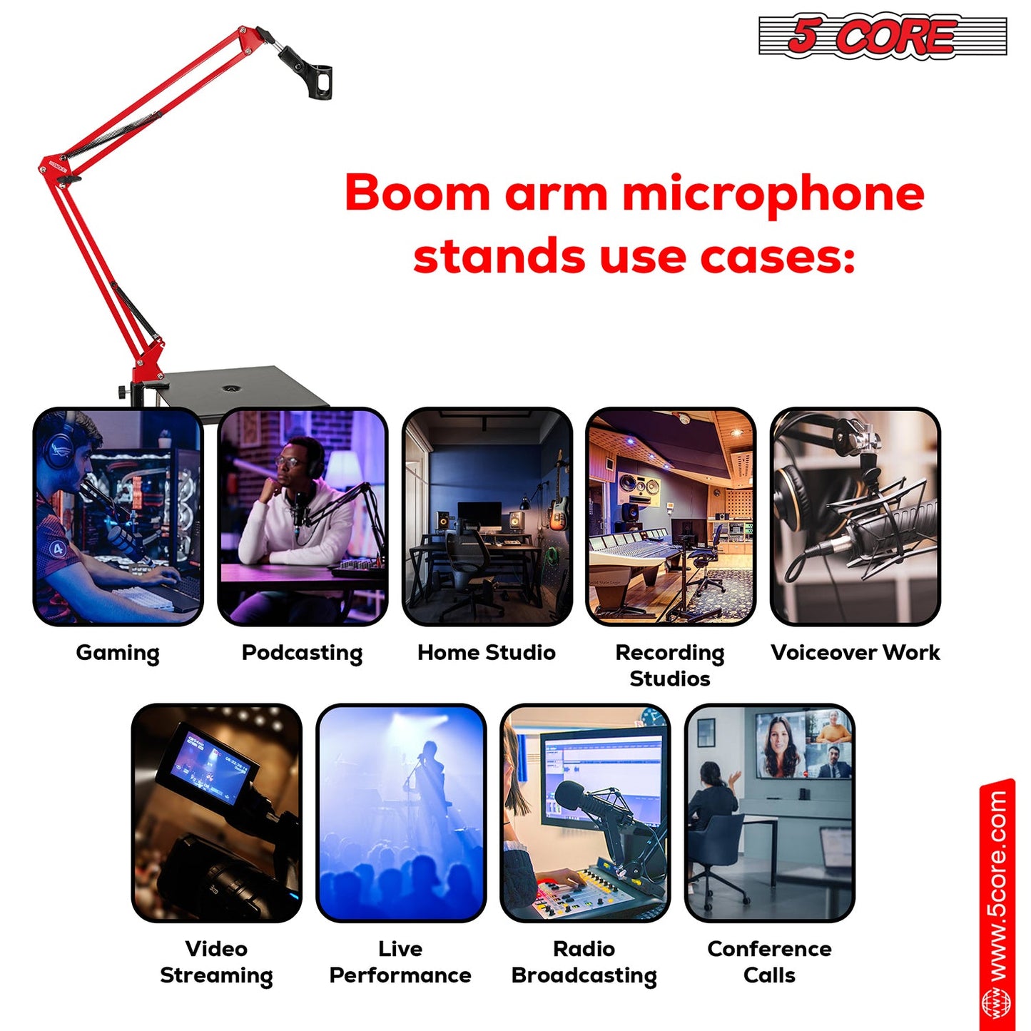 5Core Microphone Boom Arm Desk Mic Stand Adjustable Clamp Suspension Boom Stands RED-2