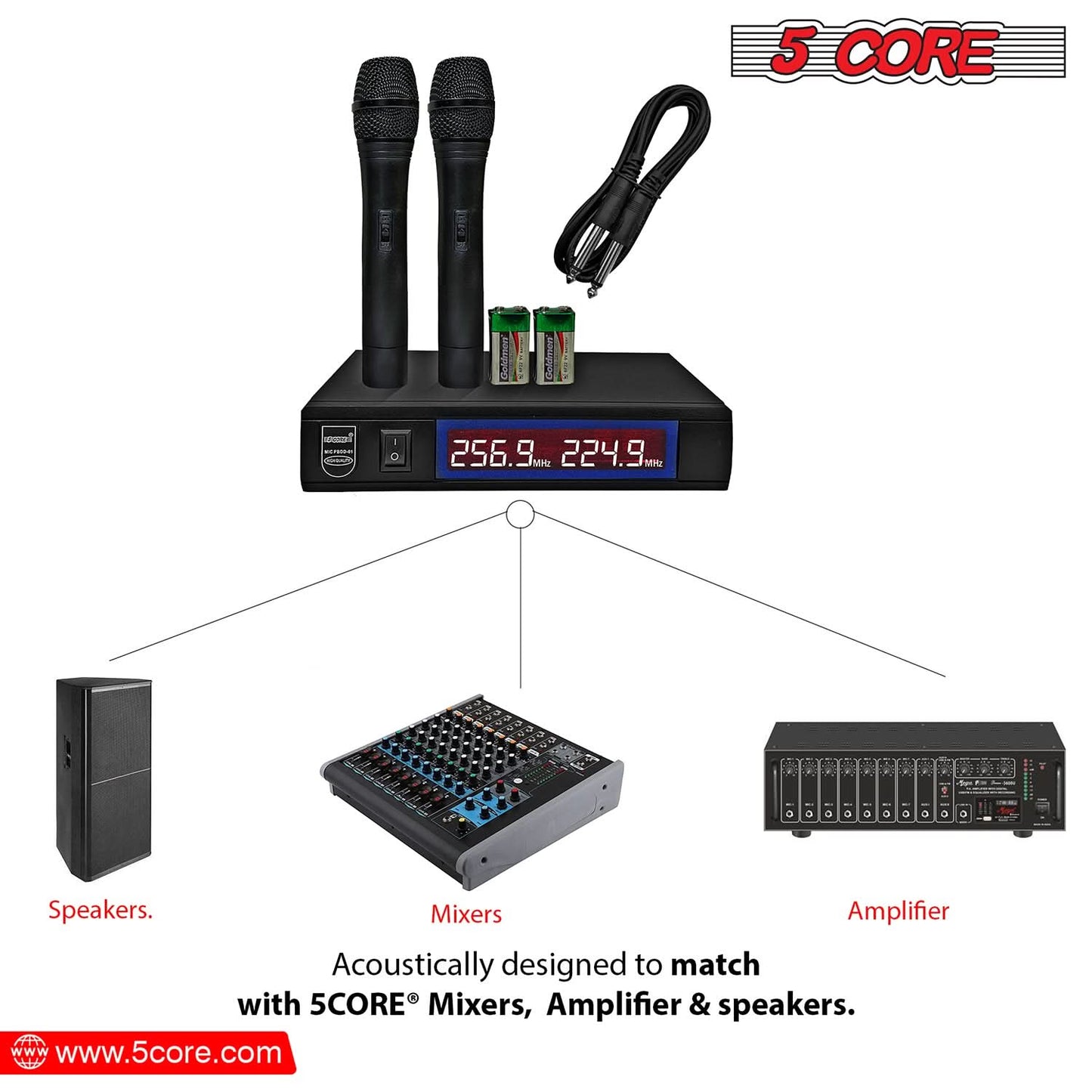 5Core Wireless Microphone VHF Fixed Dual Frequency Microfono Inalambrico 100FT Range-2