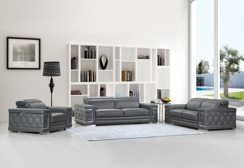 Three Piece Indoor Dark Gray Italian Leather Six Person Seating Set-7