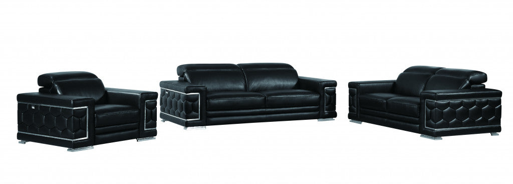 Three Piece Indoor Black Italian Leather Six Person Seating Set-5