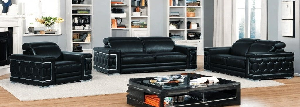 Three Piece Indoor Black Italian Leather Six Person Seating Set-1