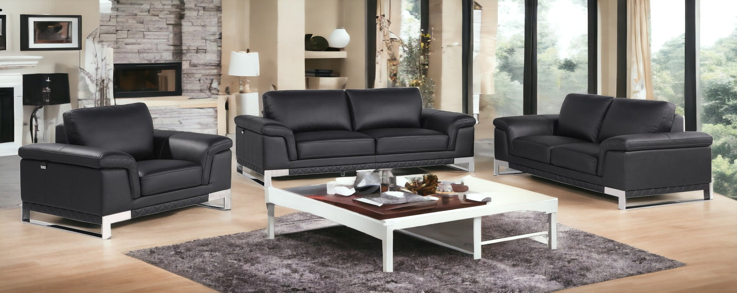 Three Piece Indoor Black Italian Leather Six Person Seating Set-1