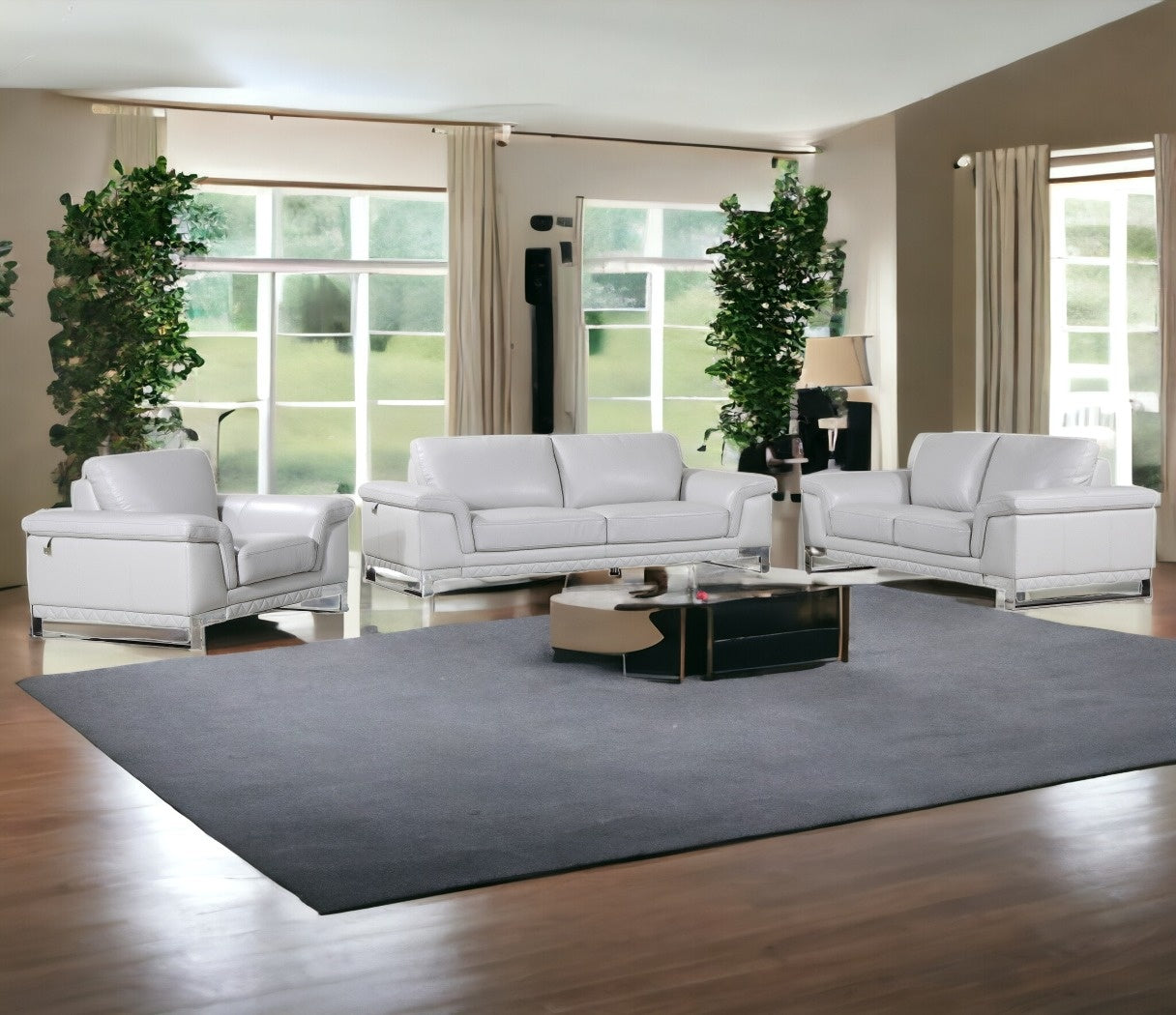 Three Piece Indoor Light Gray Italian Leather Six Person Seating Set-1