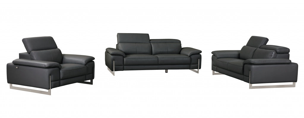 Three Piece Indoor Dark Gray Italian Leather Six Person Seating Set-5
