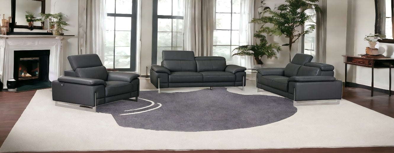 Three Piece Indoor Dark Gray Italian Leather Six Person Seating Set-1