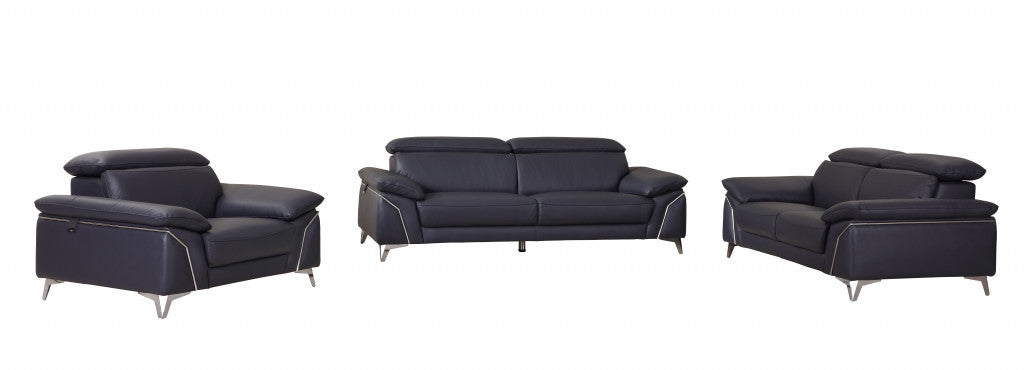 Three Piece Indoor Blue Italian Leather Six Person Seating Set-5