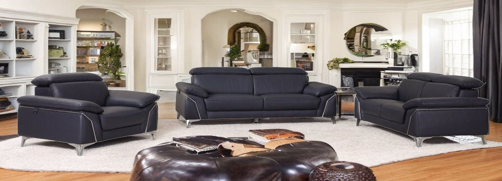 Three Piece Indoor Blue Italian Leather Six Person Seating Set-1