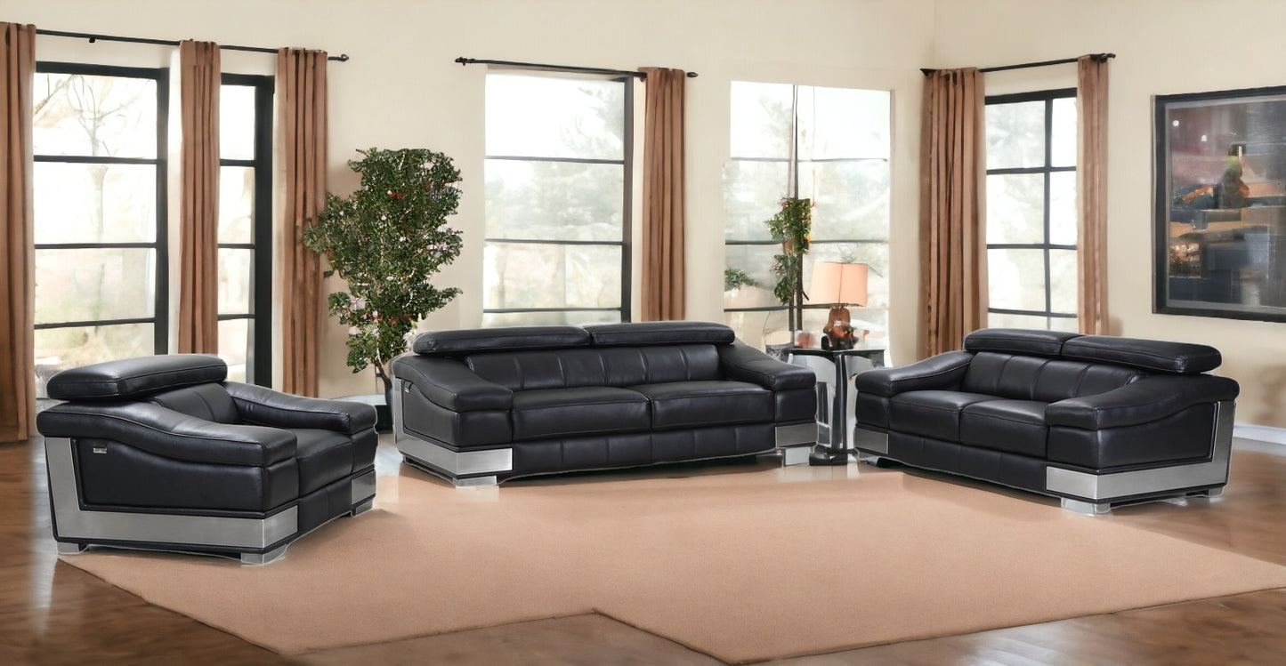 Three Piece Indoor Black Italian Leather Six Person Seating Set-1