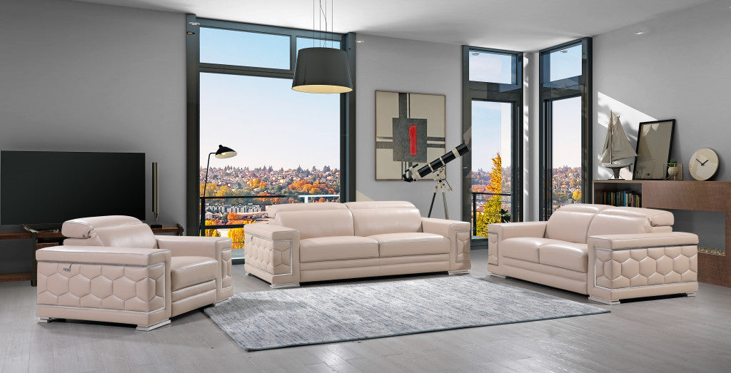 Three Piece Indoor Beige Italian Leather Six Person Seating Set-8