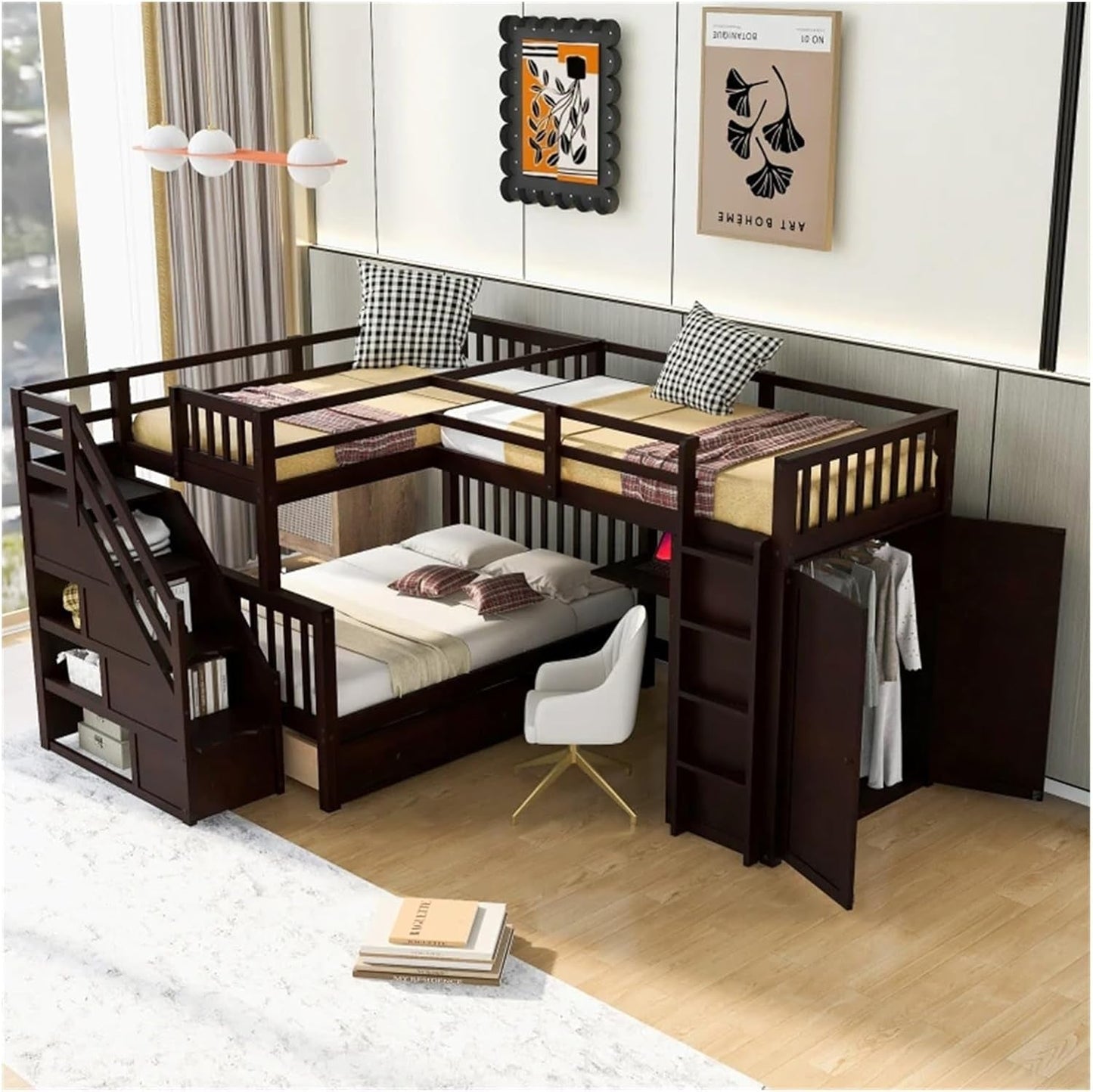Twin-Twin over Full L-Shaped Bunk Bed with 3 Drawers,Portable Desk and Wardrobe,Practical Family Modern Style (Grey One Size)-2