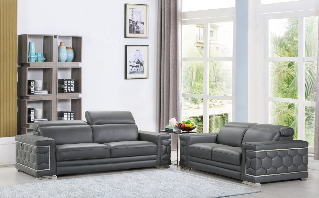 Two Piece Indoor Dark Gray Italian Leather Five Person Seating Set-8