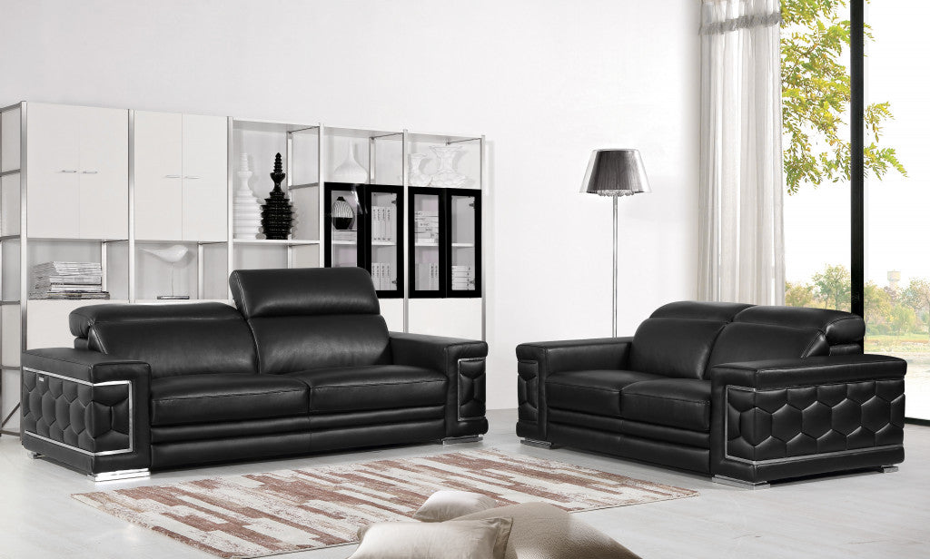 Two Piece Indoor Black Italian Leather Five Person Seating Set-8