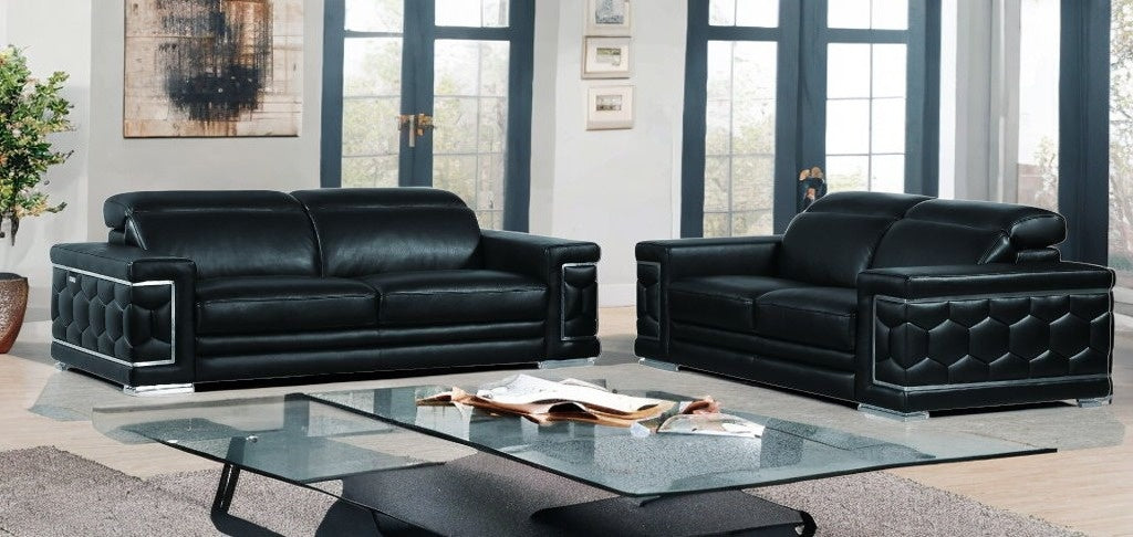 Two Piece Indoor Black Italian Leather Five Person Seating Set-1
