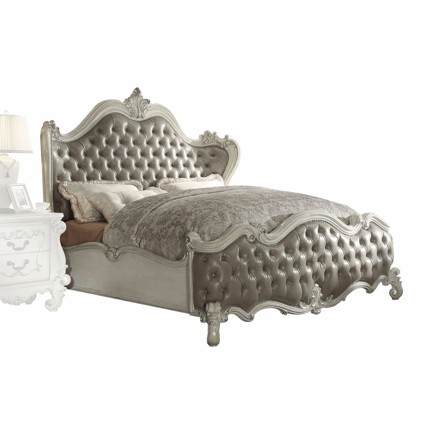 Gray and Bone Carved Scrollwork Solid Wood And Tufted Faux Leather Queen Bed Frame With Nailhead Trim-1