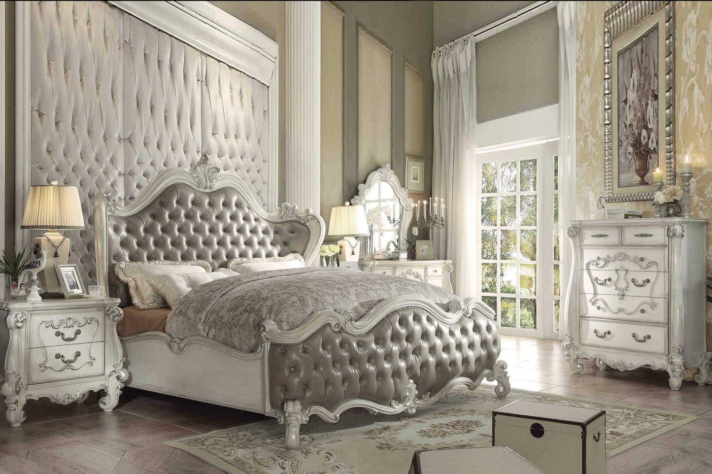 Gray and Bone Carved Scrollwork Solid Wood And Tufted Faux Leather Queen Bed Frame With Nailhead Trim-4