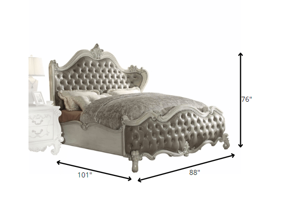 Gray and Bone Carved Scrollwork Solid Wood And Tufted Faux Leather Queen Bed Frame With Nailhead Trim-5
