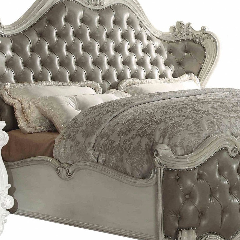 Gray and Bone Carved Scrollwork Solid Wood And Tufted Faux Leather Queen Bed Frame With Nailhead Trim-2