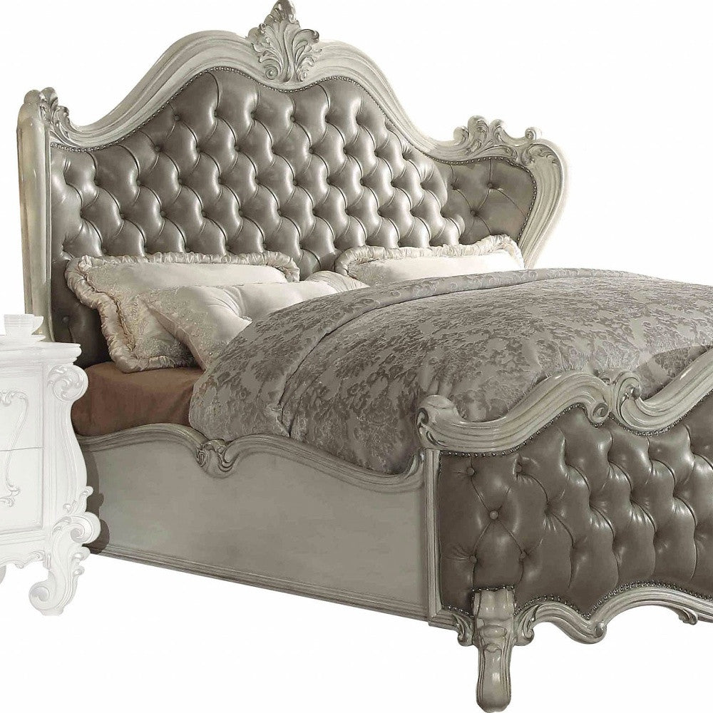 Gray and Bone Carved Scrollwork Solid Wood And Tufted Faux Leather Queen Bed Frame With Nailhead Trim-3