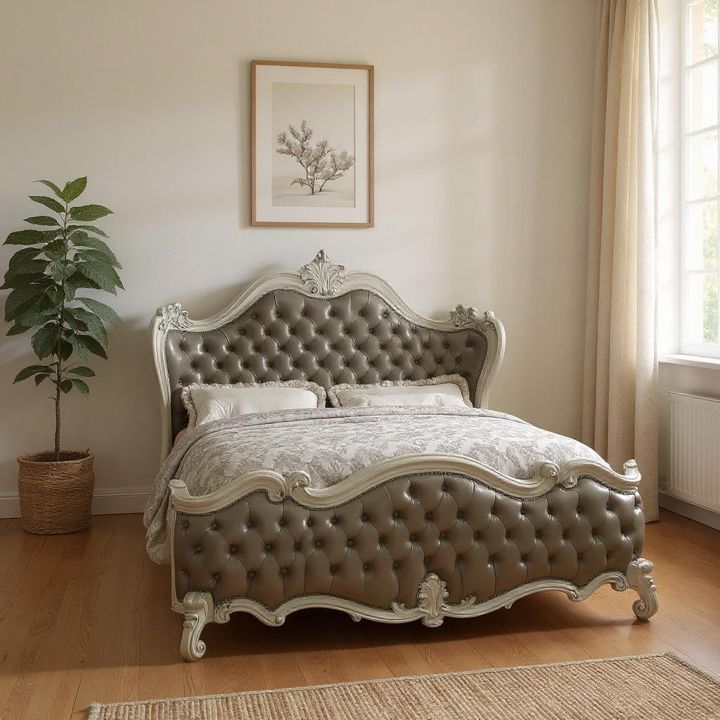 Gray and Bone Carved Scrollwork Solid Wood And Tufted Faux Leather Queen Bed Frame With Nailhead Trim-0