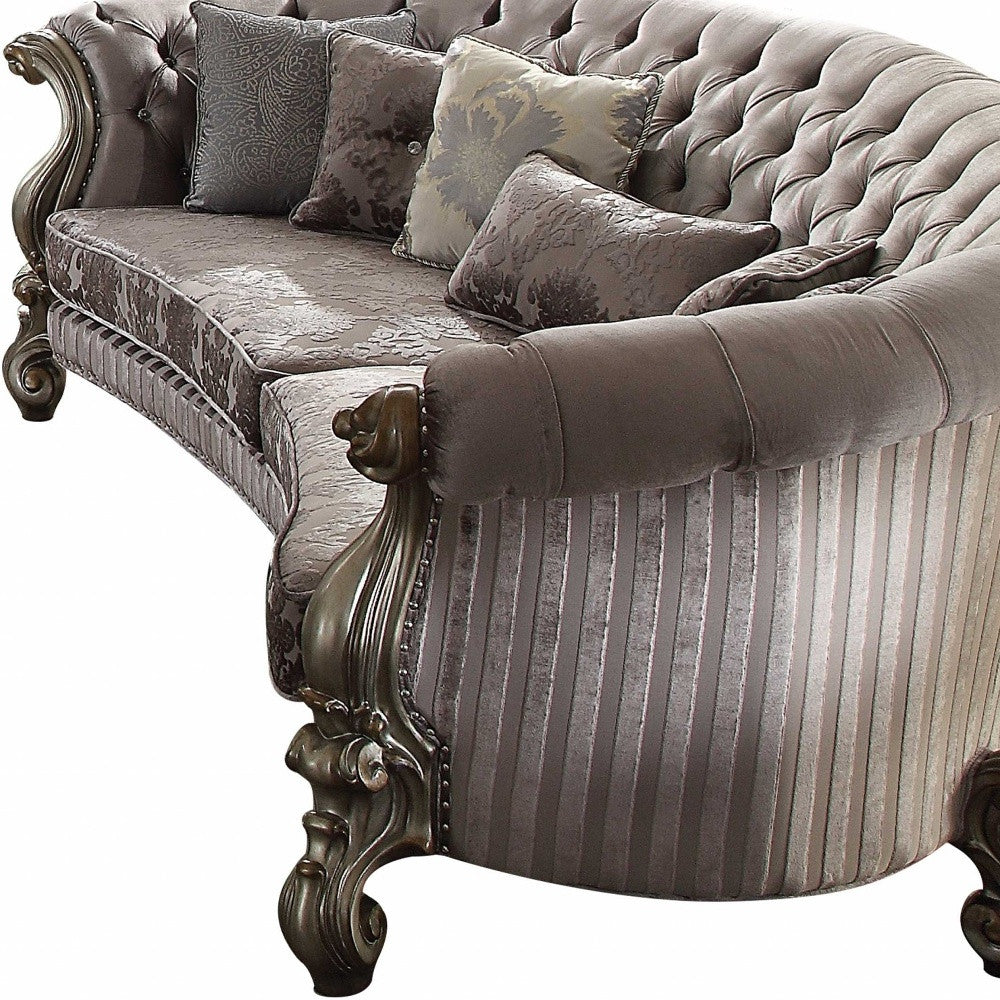 55" Gray Velvet Curved Floral Sofa And Toss Pillows With Champagne Legs-2