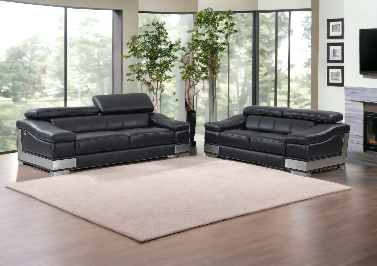 Two Piece Indoor Black Italian Leather Five Person Seating Set-1