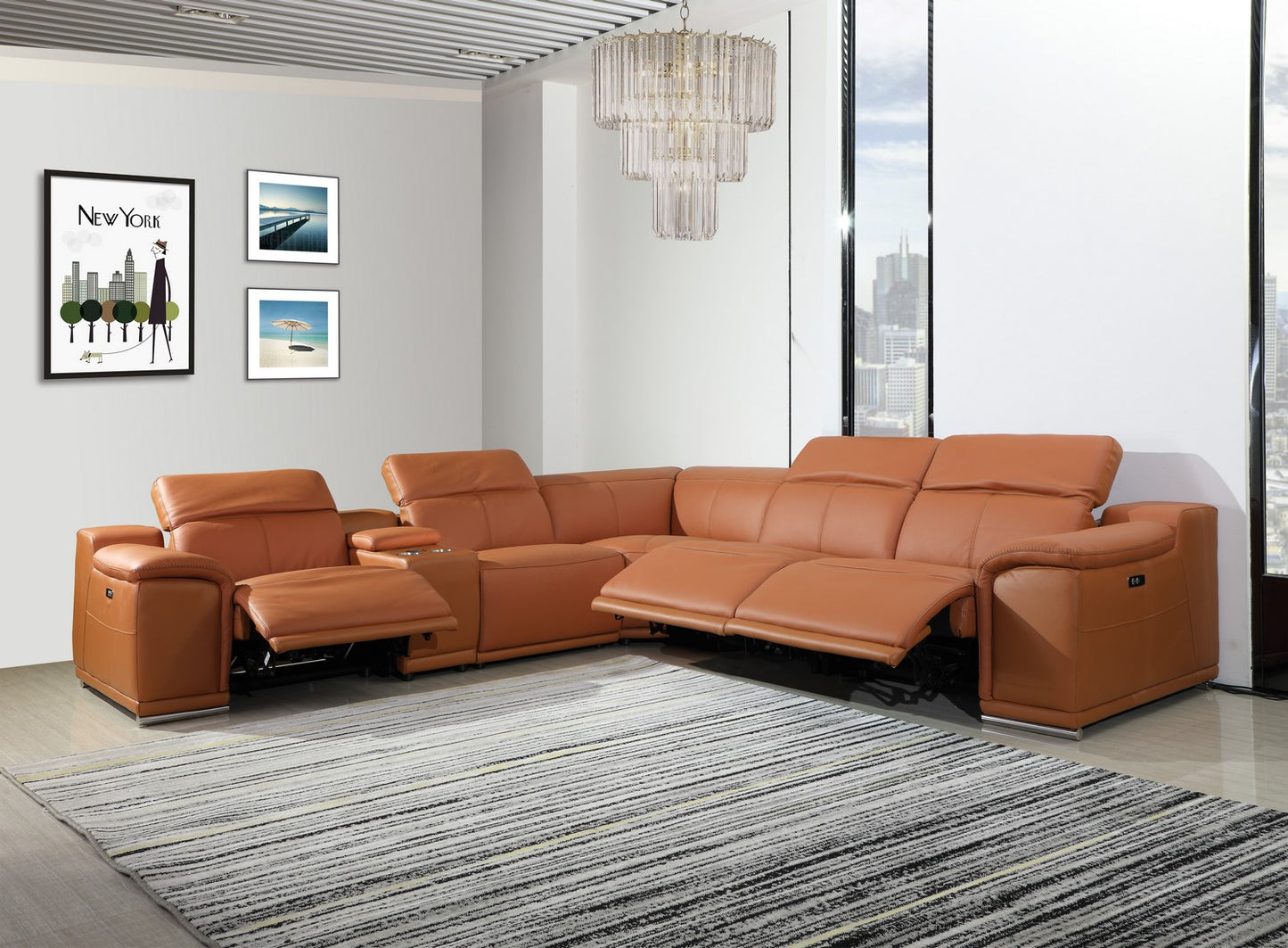 Camel Italian Leather Power Reclining U Shaped Six Piece Corner Sectional With Console-7