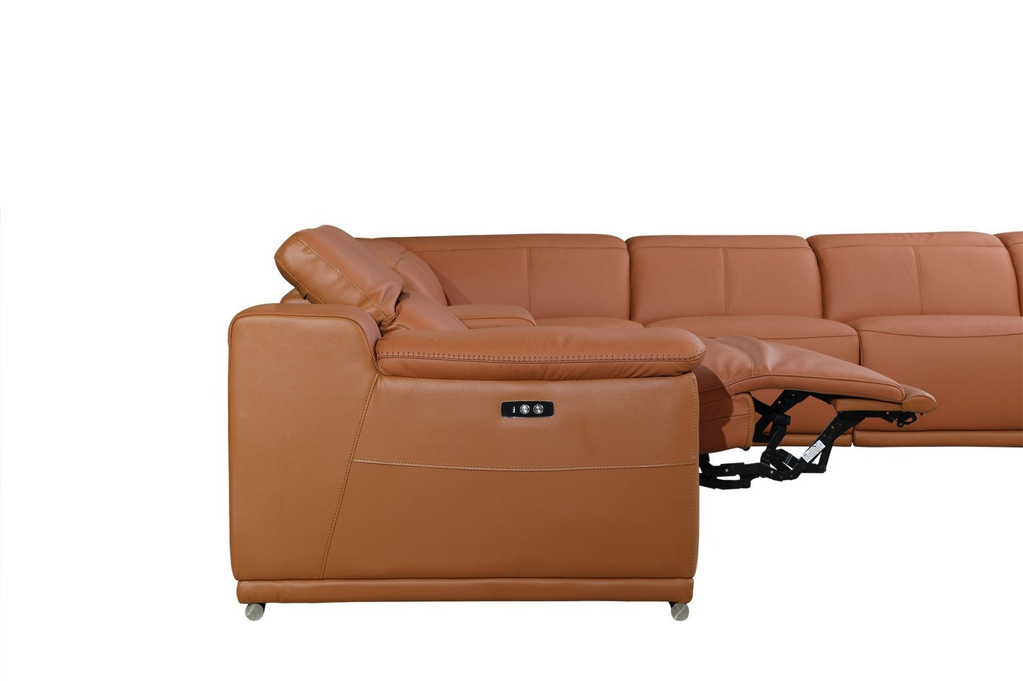 Camel Italian Leather Power Reclining U Shaped Six Piece Corner Sectional With Console-1