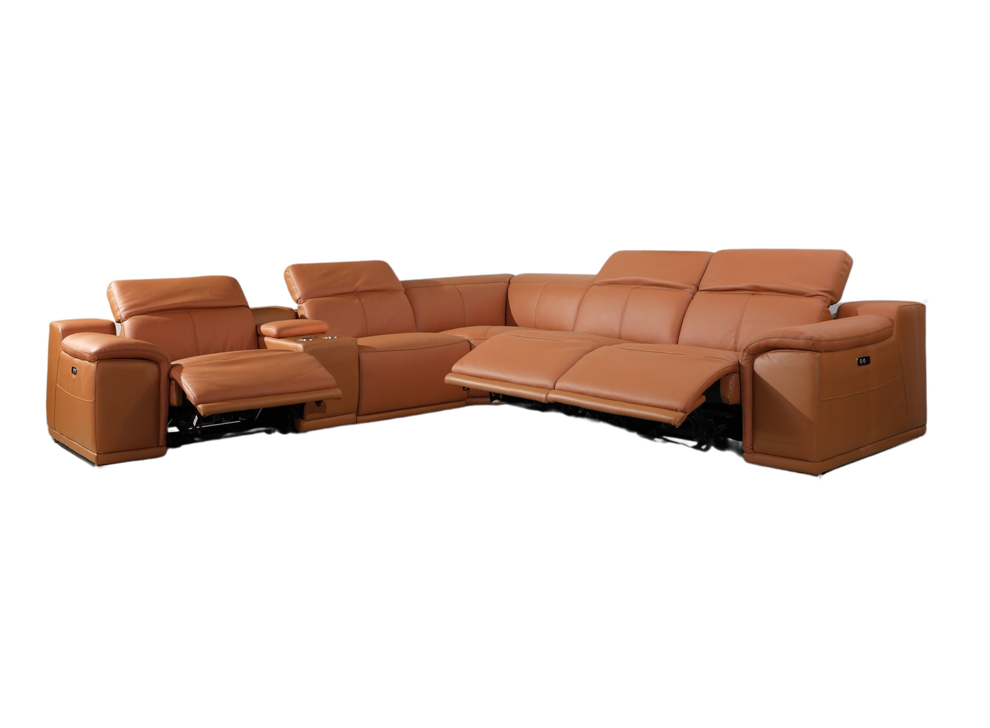 Camel Italian Leather Power Reclining U Shaped Six Piece Corner Sectional With Console-2