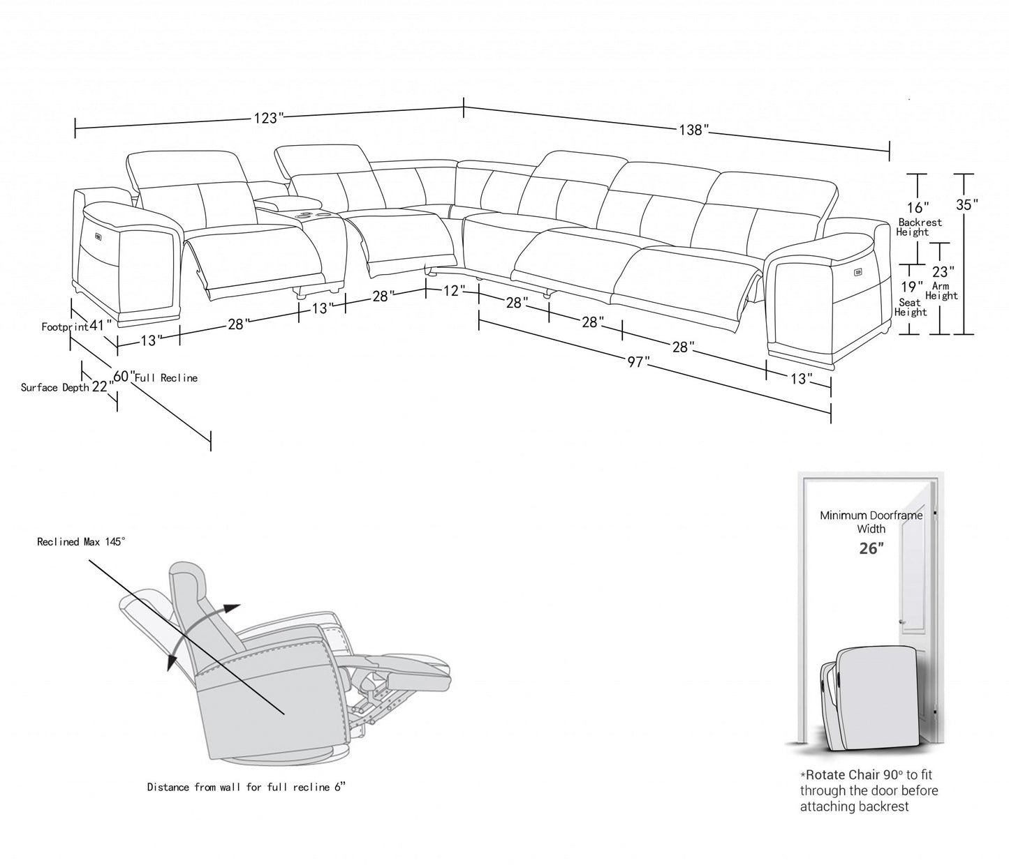 Camel Italian Leather Power Reclining U Shaped Seven Piece Corner Sectional With Console-7