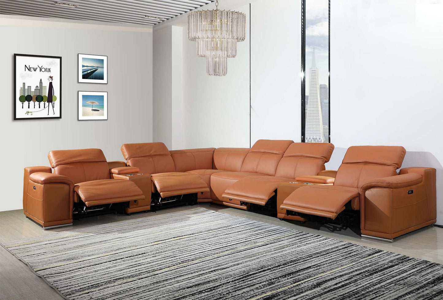 Camel Italian Leather Power Reclining U Shaped Eight Piece Corner Sectional With Console-7