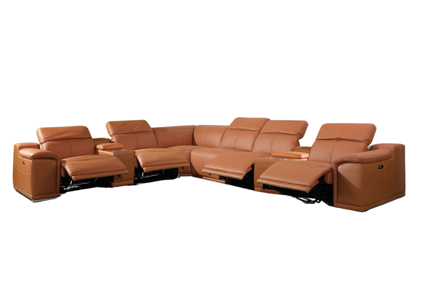 Camel Italian Leather Power Reclining U Shaped Eight Piece Corner Sectional With Console-3