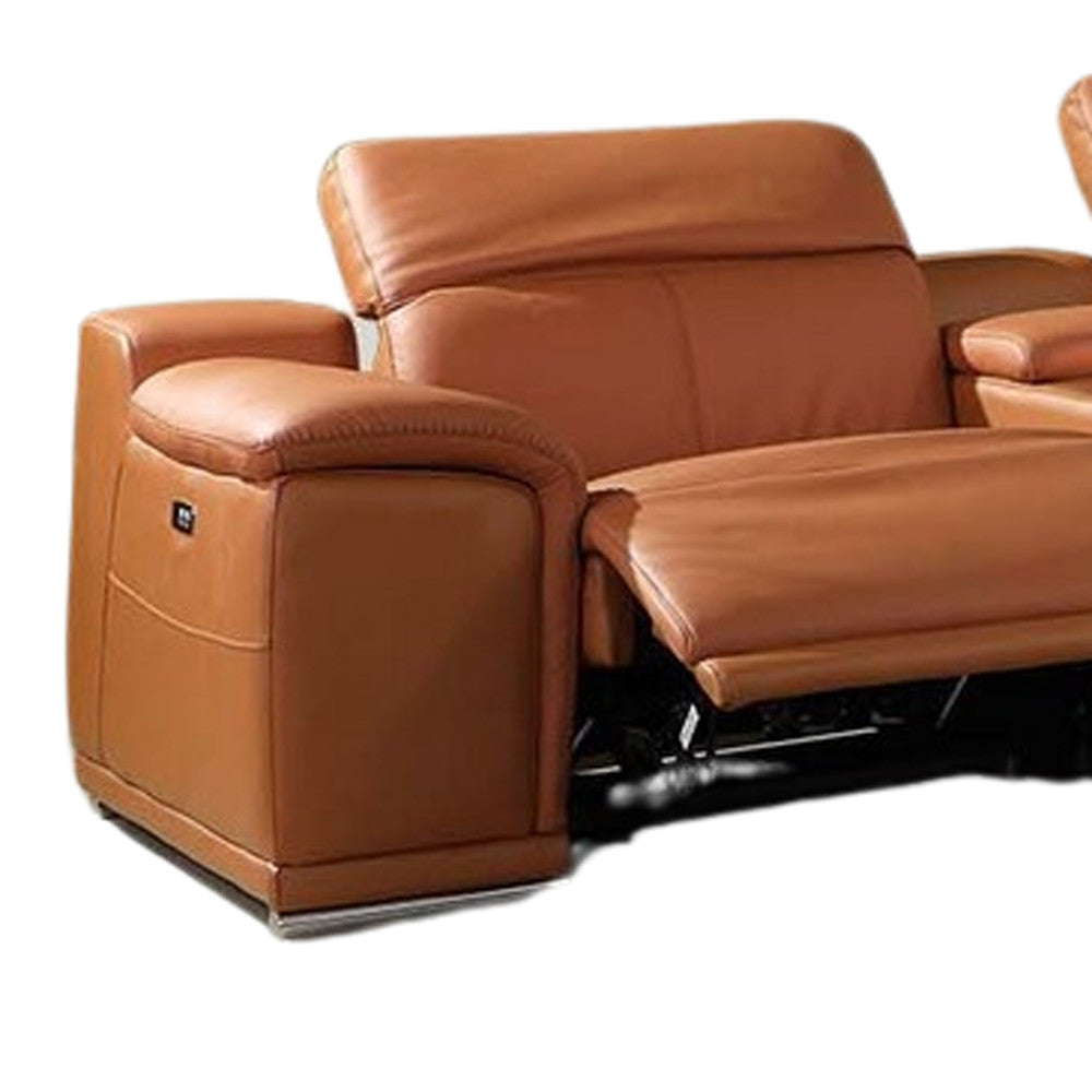 Camel Italian Leather Power Reclining U Shaped Eight Piece Corner Sectional With Console-4