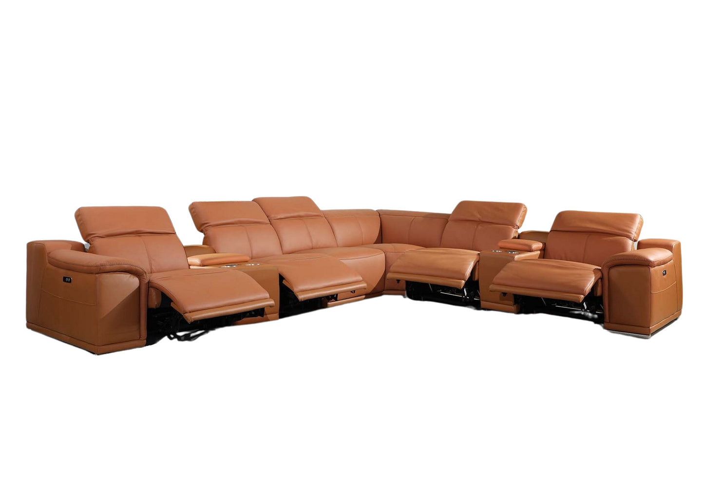 Camel Italian Leather Power Reclining U Shaped Eight Piece Corner Sectional With Console-5