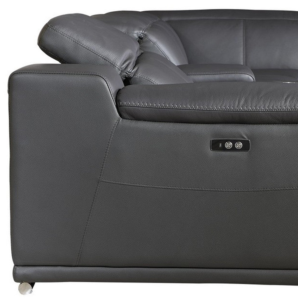 Gray Italian Leather Power Reclining U Shaped Six Piece Corner Sectional With Console-3