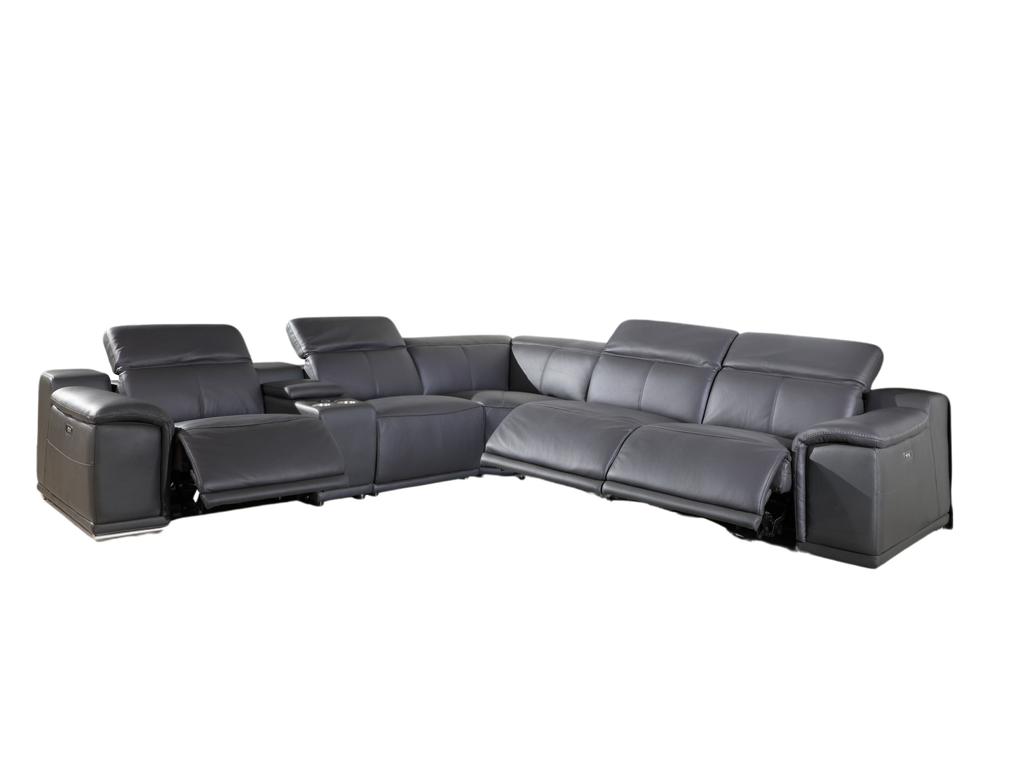 Gray Italian Leather Power Reclining U Shaped Six Piece Corner Sectional With Console-2