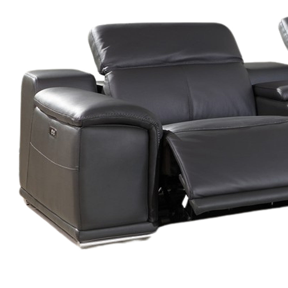 Gray Italian Leather Power Reclining U Shaped Six Piece Corner Sectional With Console-5