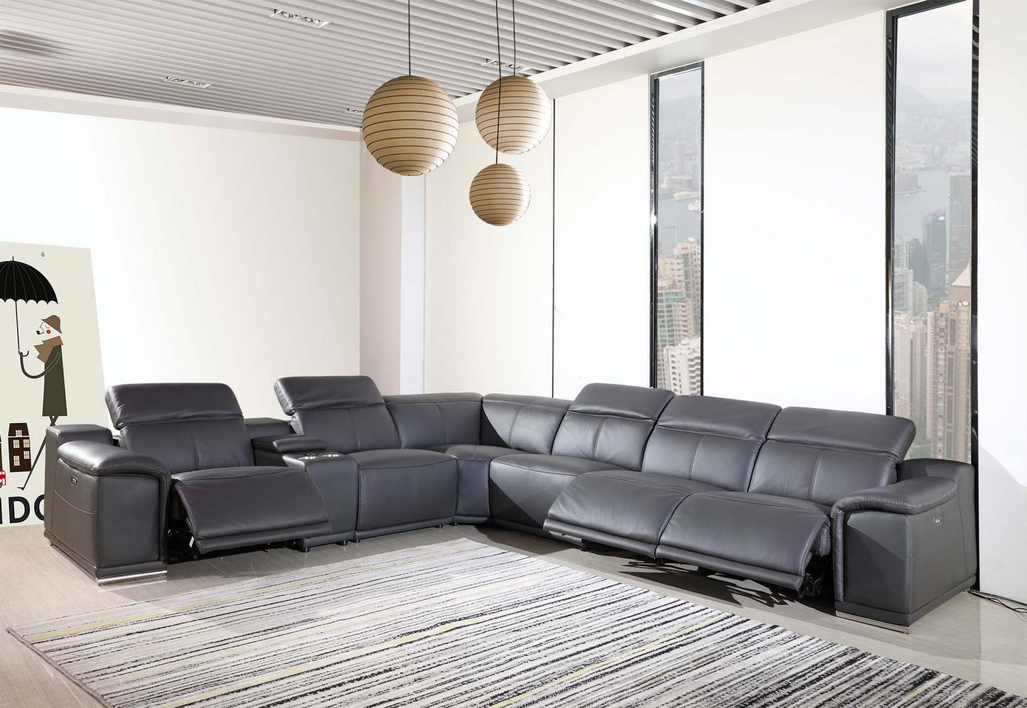 Gray Italian Leather Power Reclining U Shaped Seven Piece Corner Sectional With Console-6