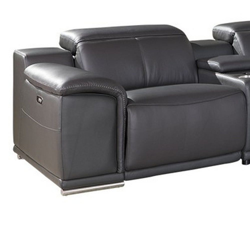 Gray Italian Leather Power Reclining U Shaped Seven Piece Corner Sectional With Console-5