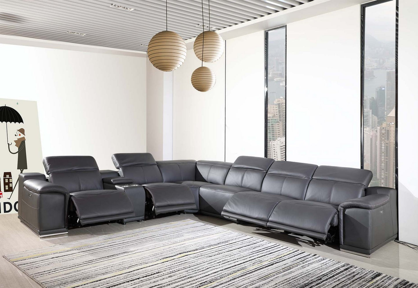 Gray Italian Leather Power Reclining U Shaped Seven Piece Corner Sectional With Console-6