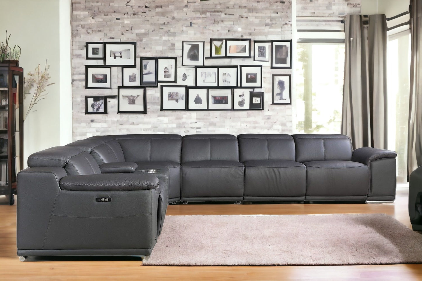 Gray Italian Leather Power Reclining U Shaped Seven Piece Corner Sectional With Console-1