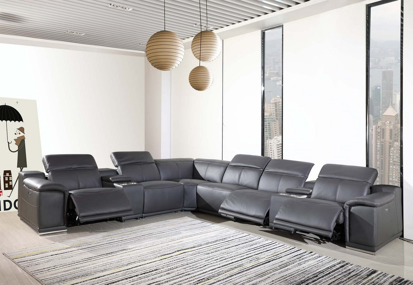Gray Italian Leather Power Reclining U Shaped Eight Piece Corner Sectional With Console-6