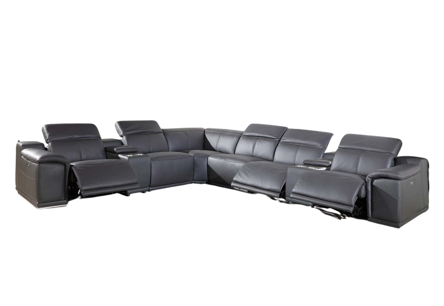 Gray Italian Leather Power Reclining U Shaped Eight Piece Corner Sectional With Console-3