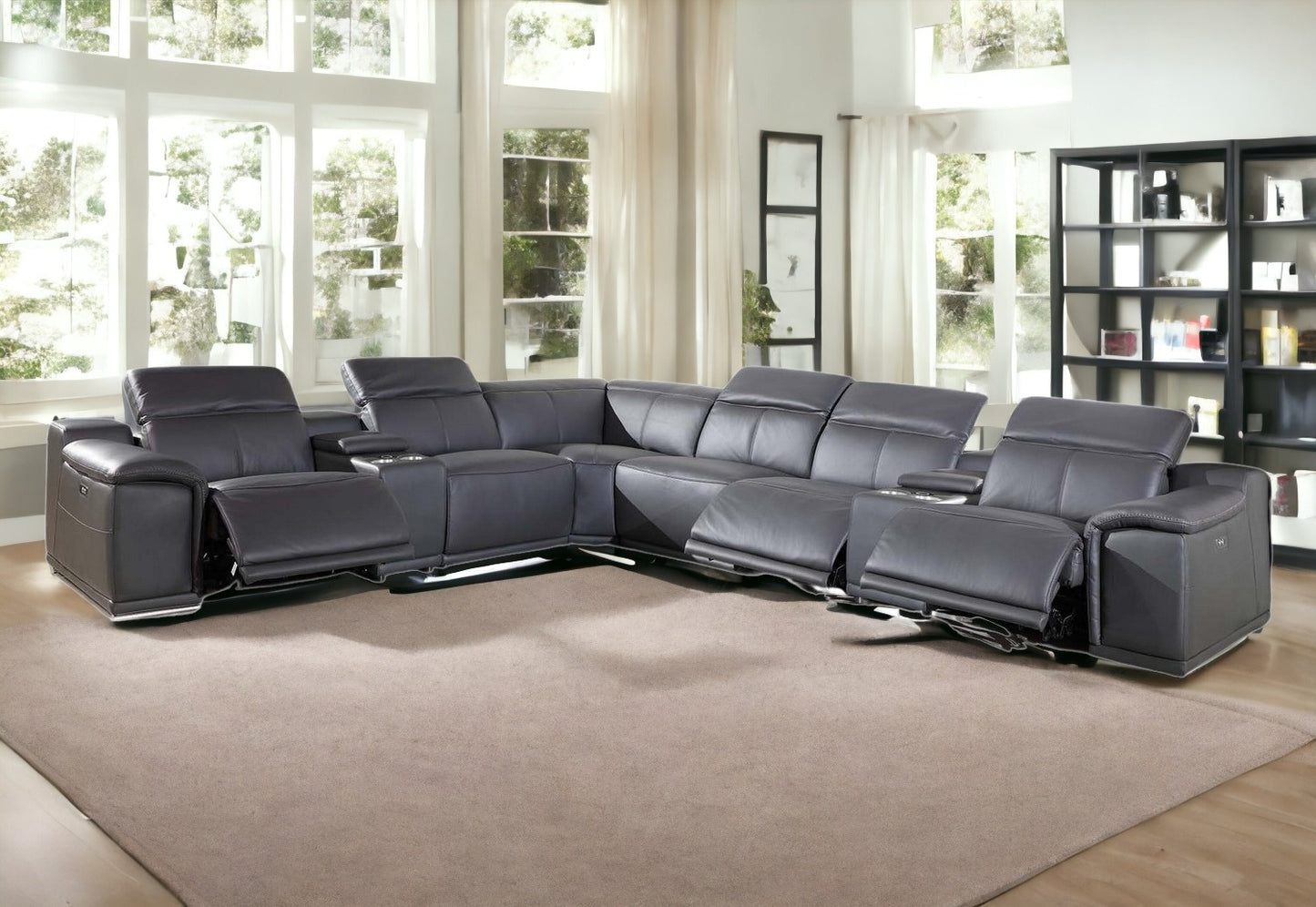 Gray Italian Leather Power Reclining U Shaped Eight Piece Corner Sectional With Console-0